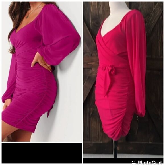 ANRABESS Sexy V Neck Ruched Bodycon Mini Dress Puff Long Sleeve Cocktail - Picture 1 of 15